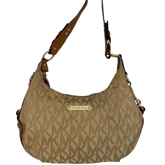 Michael Kors Canvas Hobo Shoulder Bag Tan MK Logo Gold Hardware Leather Trim - Picture 10 of 12